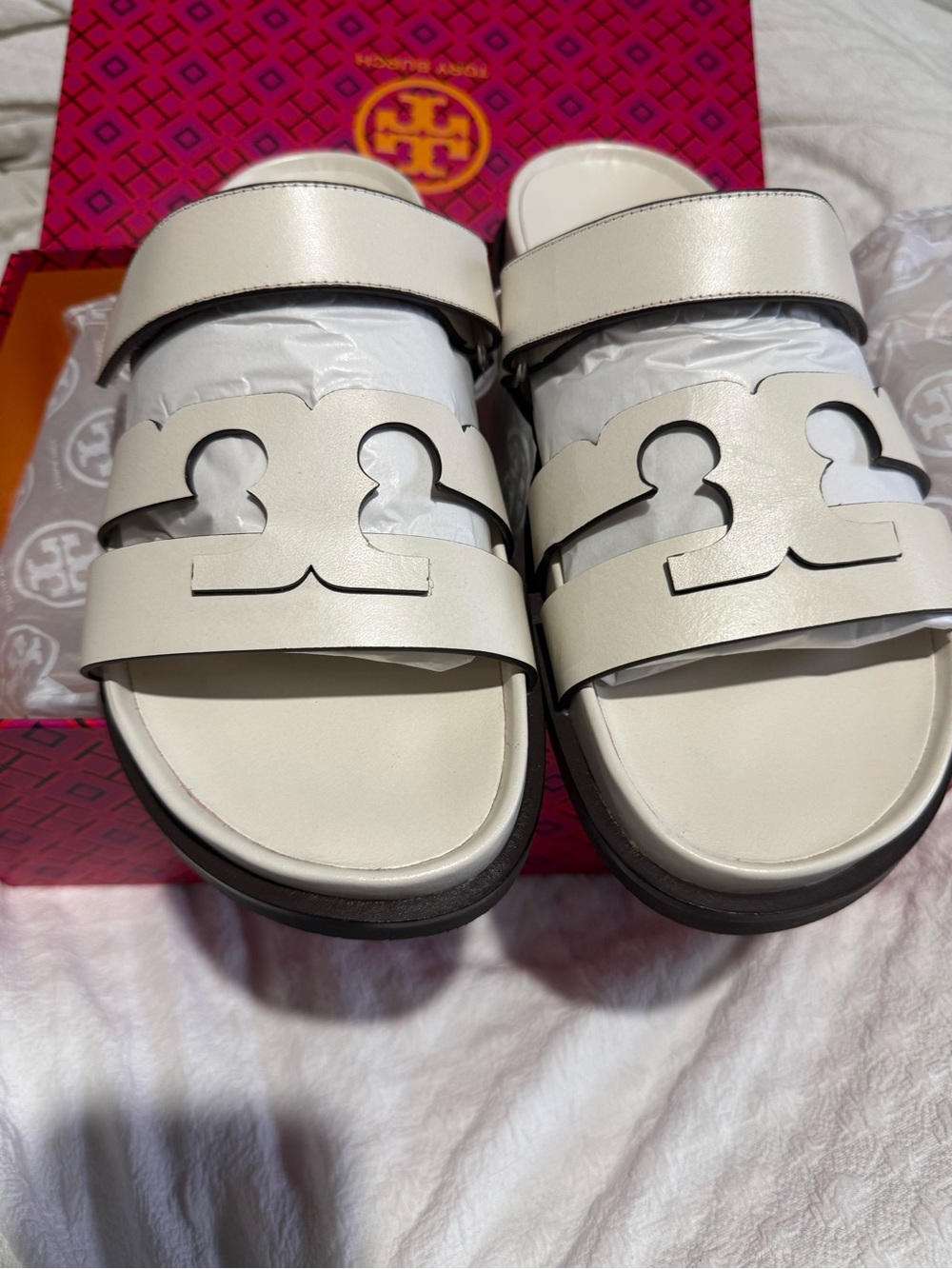 Tory Burch Cream Logo Double-Strap Slide Sandals for Kids